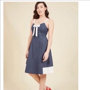 ModCloth Yours To Adore Dress Blue White Rockabilly PinUp Bow Front Fit n Flare
